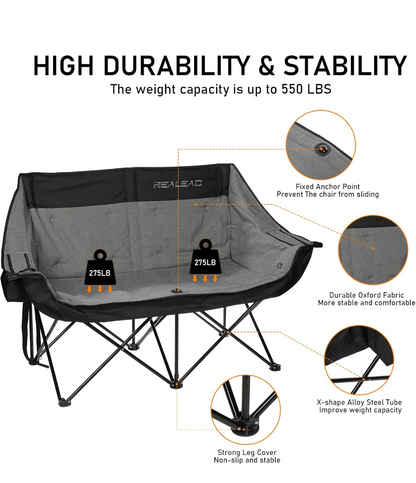 Realead Two-Person Heated Outdoor Camping Chair Love-Seat, Adult Size, Grey