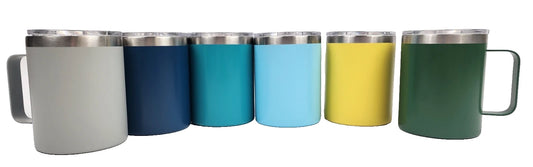 CASE OF 6 - 10 Fl. ounce Stainless Steel Mugs - New in Box - Multicolored