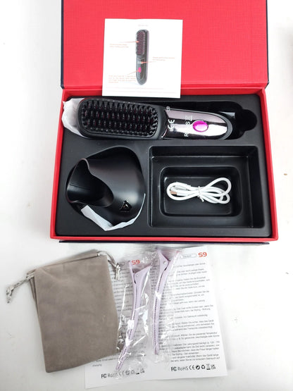 S9 Wireless Straightening Comb Black/Pink Open Box, Charging Base + Cord + Bag
