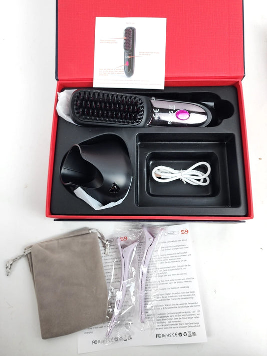S9 Wireless Straightening Comb Black/Pink Open Box, Charging Base + Cord + Bag